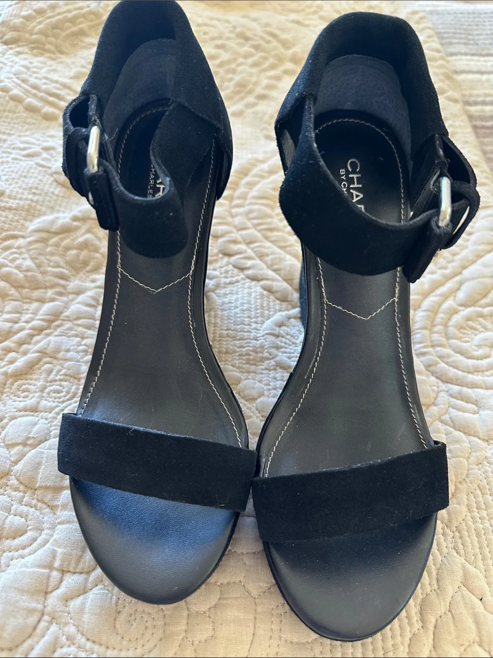 Charles by Charles David Black Suede Wedge Sandals with Ankle Buckle